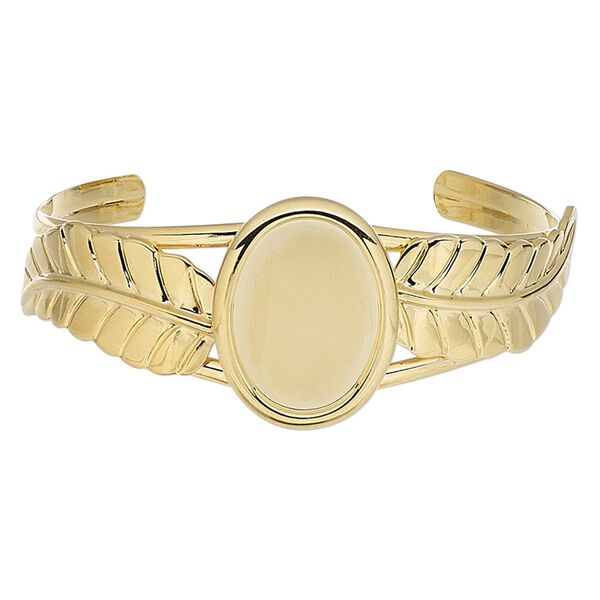 Bracelet, cuff, gold-plated brass / steel / "pewter" (zinc-based alloy), 30mm wide with 65x31mm feather and 25x18mm oval setting, adjustable. Sold individually. image number 0
