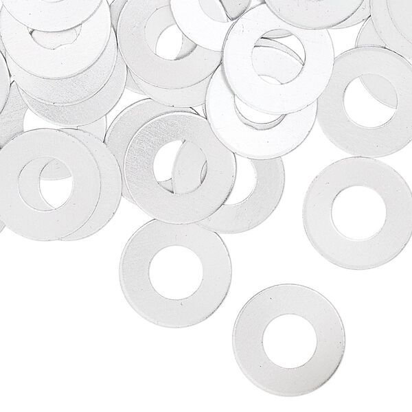 Washer, anodized aluminum, silver, 13mm double-sided flat round blank with 6mm hole, 20 gauge. Sold per pkg of 100. image number 0