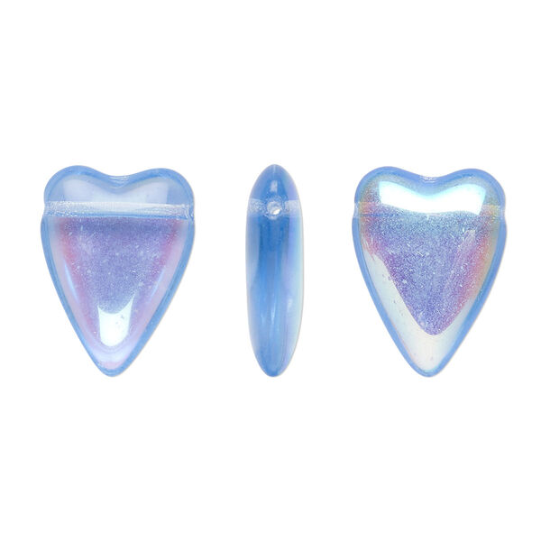 Bead, Czech pressed glass, blue AB, 18x13mm heart. Sold per 15" to 16" strand. image number 0