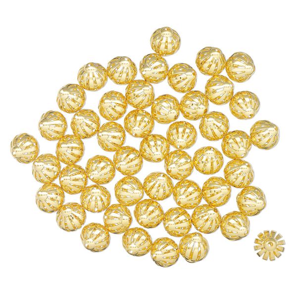 Bead, gold-finished brass, 12mm corrugated oval with cutouts. Sold per pkg of 50. image number 0