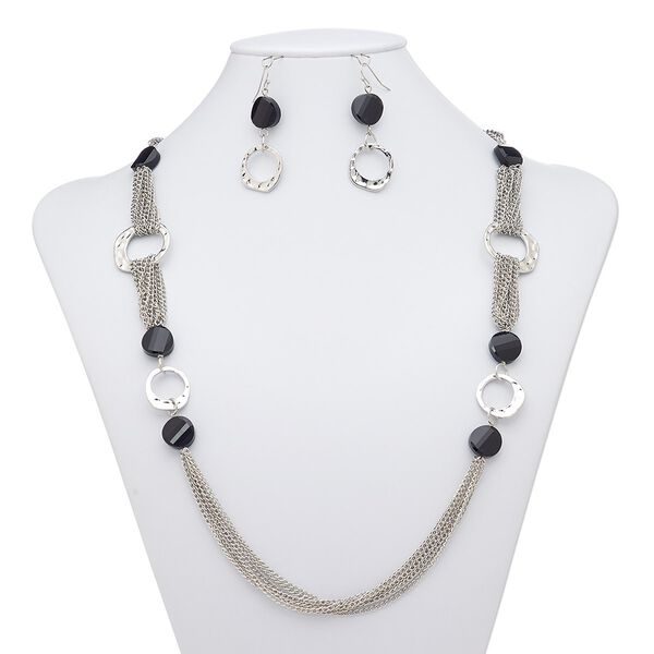 Necklace and earring set, glass / imitation rhodium-plated steel / brass / "pewter" (zinc-based alloy), black, round go-go, 36-inch necklace with lobster claw clasp, 2-1/4 inch earrings with fishhook ear wire. Sold per set. image number 0