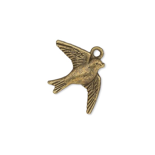 Charm, antique brass-plated "pewter" (zinc-based alloy), 23x18mm single-sided flying swallow. Sold per pkg of 20. image number 0