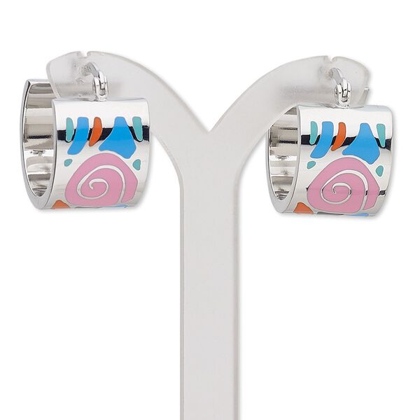 Earring, Avant-Garde Jewelry Collection, enamel and stainless steel, multicolored, 22mm 3/4 round hoop with rose design and latch-back closure. Sold per pair. image number 0