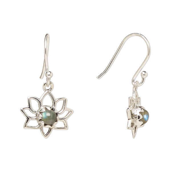 Ear wire, Create Compliments®, antiqued sterling silver and labradorite (natural), fishhook, 26mm with 14.5x12mm single-sided open lotus, 21 gauge. Sold per pair. image number 0