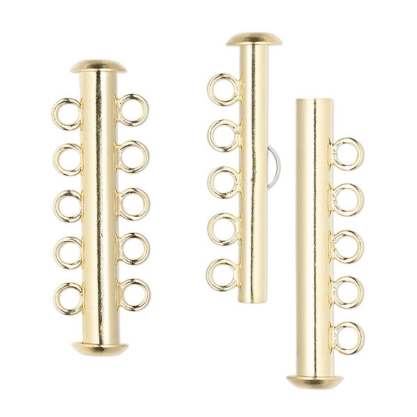 Clasp, 5-strand slide lock, gold-plated brass, 31x6mm tube. Sold per pkg 10. image number 0