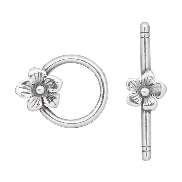 Clasp, JBB Findings, toggle, antique silver-plated pewter (tin-based alloy), 23x18mm single-sided round with flower. Sold individually. image number 0