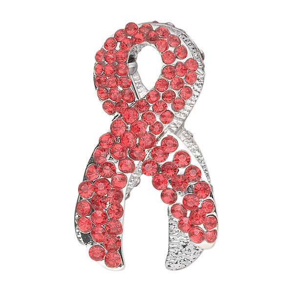 Brooch, silver-finished pewter (tin-based alloy) and Czech acrylic rhinestones, red, 33x21mm awareness ribbon. Sold per pkg of 2. image number 0