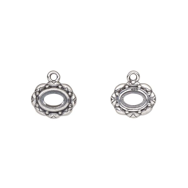 Drop, antiqued sterling silver, 10.5x8.5mm overall with 6x4mm oval setting and flower design with open back. Sold individually. image number 0