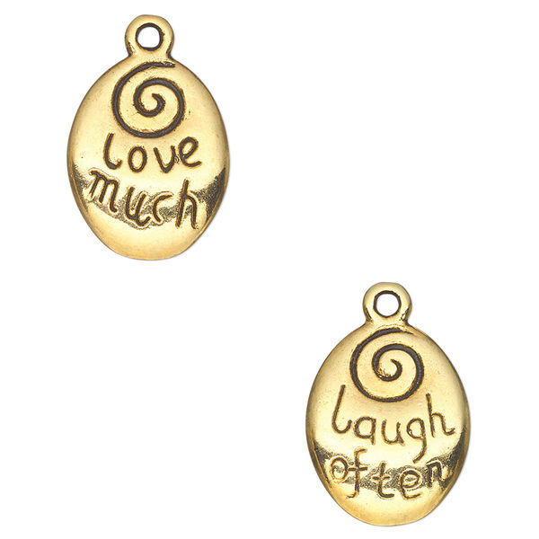 Drop, antique gold-finished "pewter" (zinc-based alloy), 17x13mm two-sided oval with "love much" and "laugh often." Sold per pkg of 10. image number 0