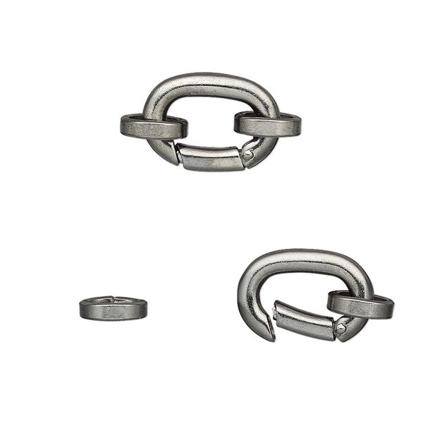 Clasp, self-closing hook, gunmetal-plated brass, 14x10mm with (2) 7x6mm oval jump rings. Sold per pkg of 2. image number 0