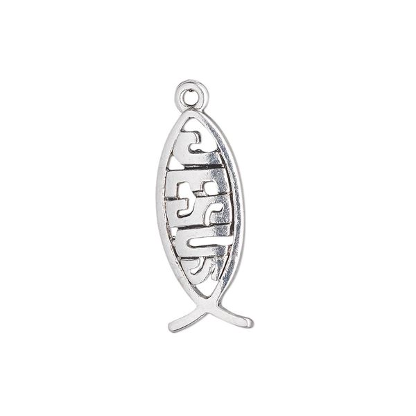 Drop, antique silver-plated "pewter" (zinc-based alloy), 23x9mm single-sided Christian fish with "JESUS." Sold per pkg of 20. image number 0