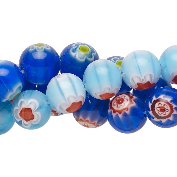 Bead, millefiori glass, translucent blue and multicolored, 10mm round. Sold per pkg of (3) 14-inch strands. image number 0