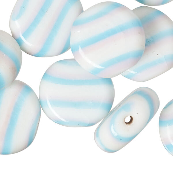 Bead, lampworked glass, opaque sky blue / pink / white, 17mm flat round. Sold per pkg of 10. image number 0