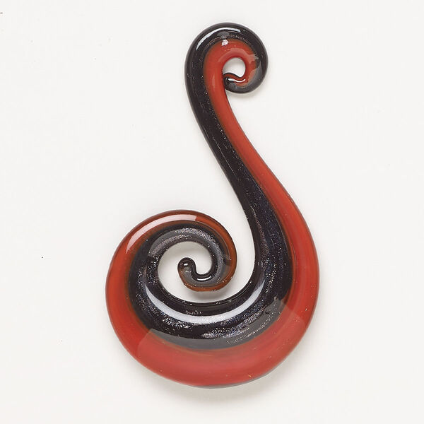 Focal, lampworked glass, red-orange / dark purple / black with copper-colored glitter, 67x40mm spiral. Sold individually. image number 0