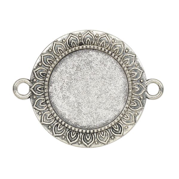 Link, glue-in, antique silver-finished "pewter" (zinc-based alloy), 29mm single-sided round with petal edge with 20mm round setting. Sold per pkg of 2. image number 0