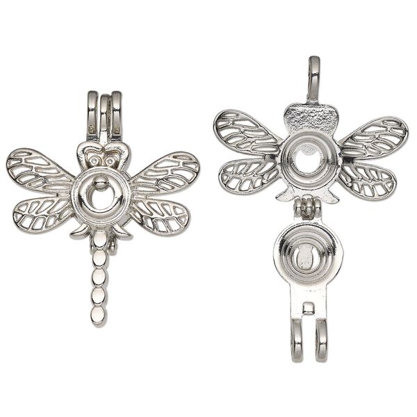 Pendant, imitation rhodium-finished "pewter" (zinc-based alloy), 36.5x30mm double-sided dragonfly bead cage, fits 8mm round bead. Sold individually. image number 0