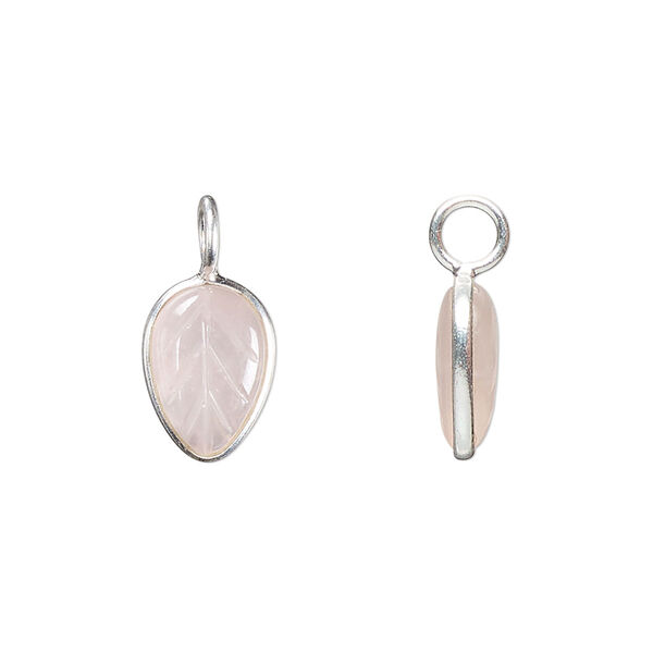 Drop, sterling silver and rose quartz (natural), 14x9.5mm carved leaf. Sold individually. image number 0