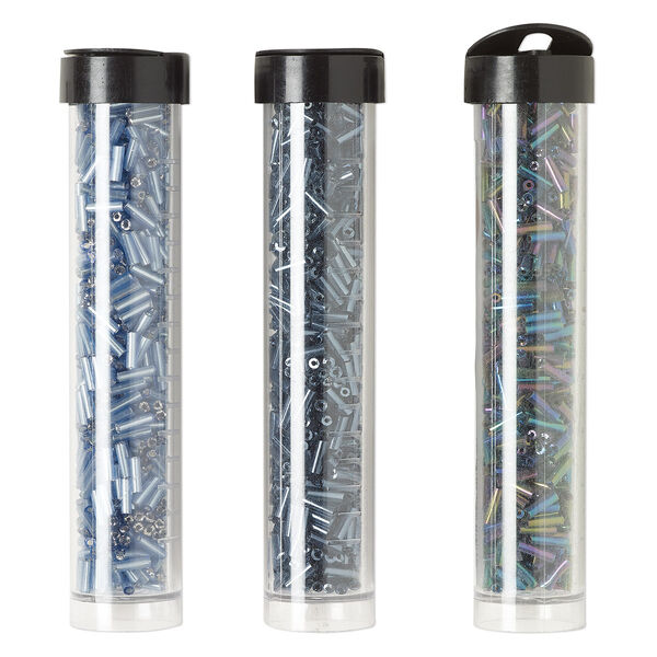 Bugle bead mix, Ming Tree™, glass, opaque to translucent silver-lined rainbow grey / grey-blue / peacock, 1/4 inch. Sold per pkg of (3) 4 x 3/4 inch vials, approximately 2,000 beads. image number 0