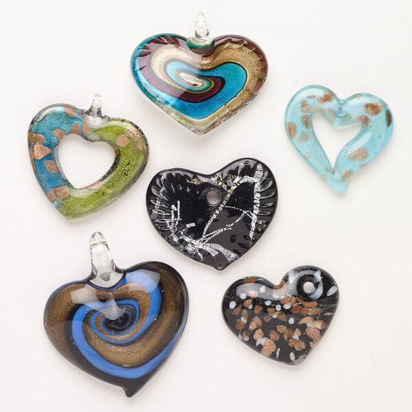 Random focal mix, lampworked glass, opaque mixed colors with silver-colored foil and copper-colored glitter, 38x35mm-54x50mm top-drilled and undrilled mixed heart. Sold per pkg of 3. image number 0