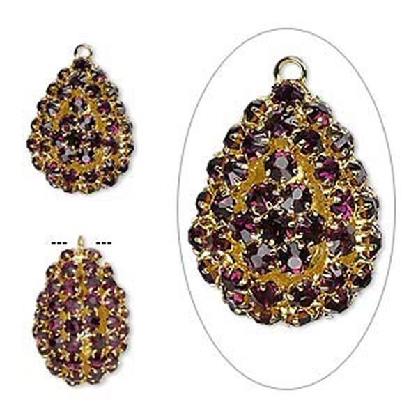 Focal, glass rhinestone and gold-finished brass, purple, 30x22mm double-sided teardrop with 4mm chatons. Sold individually. image number 0