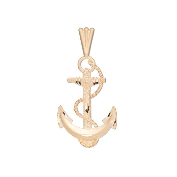 Pendant, 14Kt gold, 30x15mm single-sided diamond-cut satin anchor and rope. Sold individually. image number 0