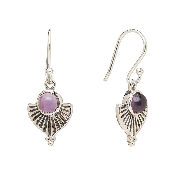 Ear wire, Create Compliments®, antiqued sterling silver and amethyst (natural), fishhook, 28mm with 14x11.5mm single-sided fan, 21 gauge. Sold per pair. image number 0