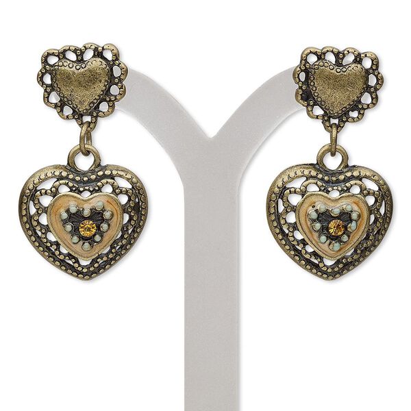 Earring, enamel / glass rhinestone / antique brass-finished steel / "pewter" (zinc-based alloy), blue and orange, 1-3/4 inches with double heart and post. Sold per pair. image number 0