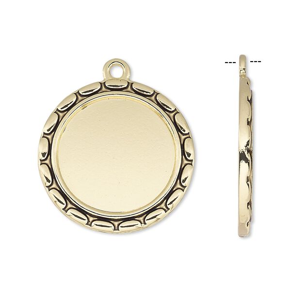 Drop, antique gold-finished "pewter" (zinc-based alloy), 24mm round with oval edge and 18mm round setting. Sold per pkg of 6. image number 0