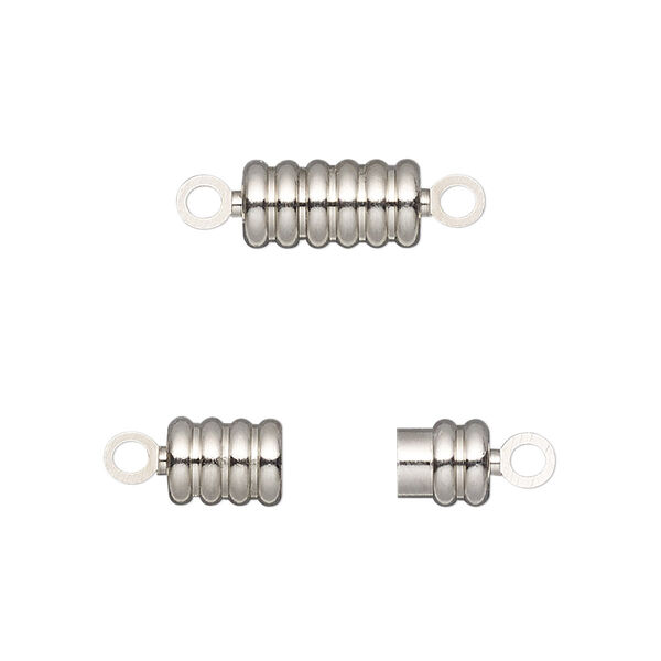 Clasp, magnetic, silver-finished brass, 11.5x6mm ribbed barrel. Sold individually. image number 0