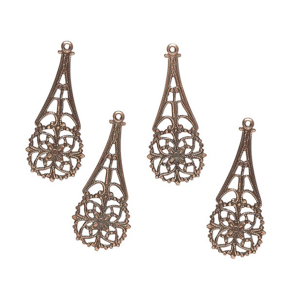 Focal, steel, pkg/4, 30x13mm teardrop with cutout design, antique bronze finish. image number 0