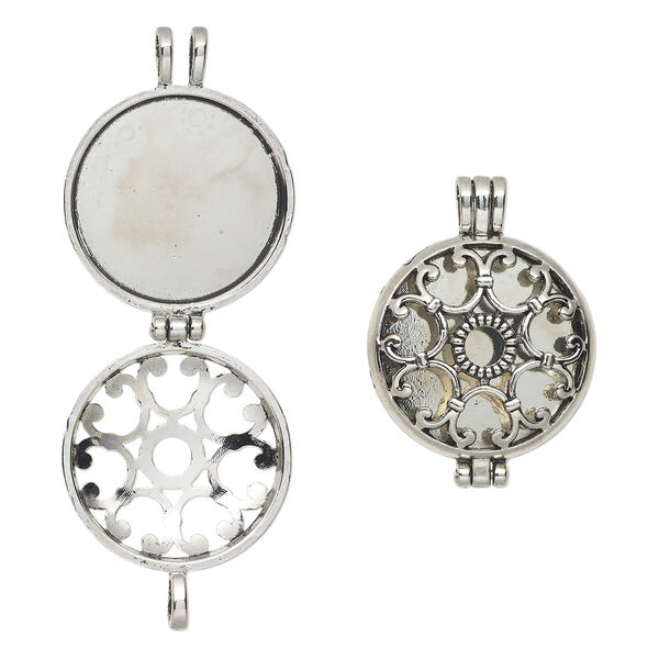 Pendant, silver-finished "pewter" (zinc-based alloy), 46 x 33.5mm round hinged cage with cutout hearts, holds up to 30mm flat disc. Sold individually. image number 0