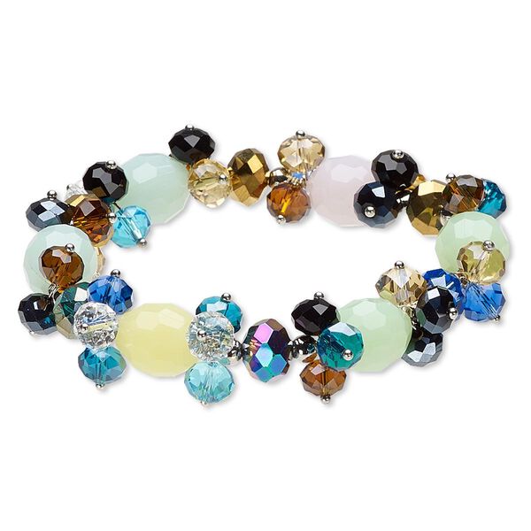 Bracelet, stretch, acrylic and glass, multicolored, 17mm wide with rondelle and oval, 7-1/2 inches. Sold individually. image number 0