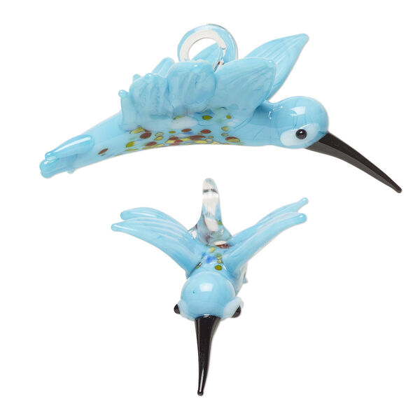 Focal, lampworked glass, opaque multicolored, 53x25mm 3D hummingbird. Sold individually. image number 0
