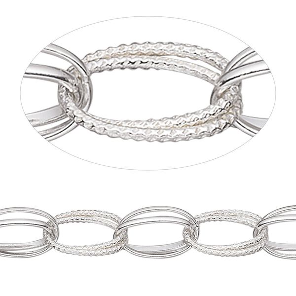 Chain, sterling silver, 7mm textured double oval cable. Sold per pkg of 5 feet. image number 0