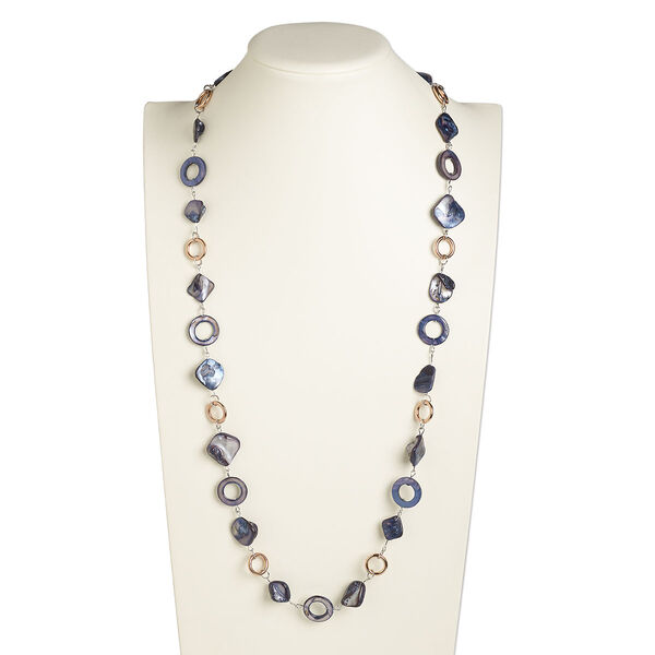 Necklace, freshwater pearl shell (dyed) and copper-plated steel, grey and black, medium nugget / 19mm round donut / 30mm round donut, 36-inch continuous loop. Sold individually. image number 0