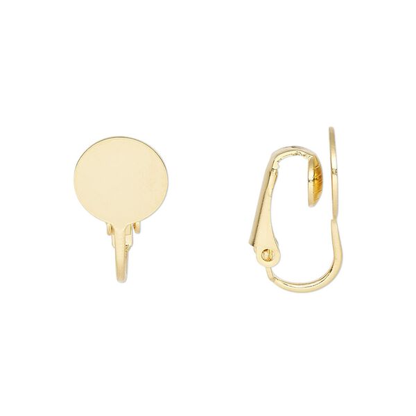 Earring clip-on 1pkg100 gold-plated, 19mm hinged / 10mm round flat pad, steel 50 pair image number 0