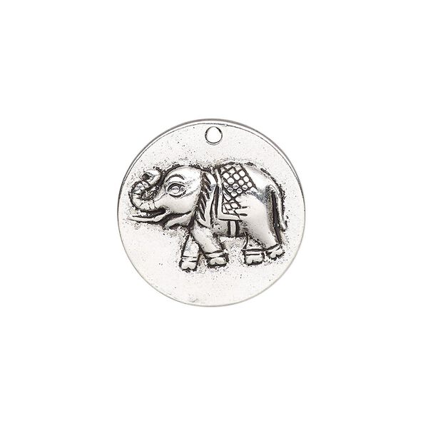 Drop, antique silver-plated "pewter" (zinc-based alloy), 21mm single-sided round with elephant. Sold per pkg of 10. image number 0