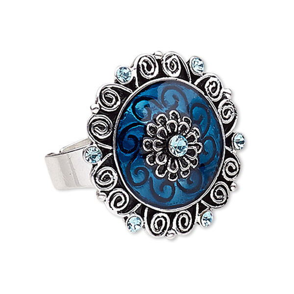 Ring, enamel / glass rhinestone / antique silver-plated "pewter" (zinc-based alloy), blue, 28mm round, adjustable. Sold individually. image number 0