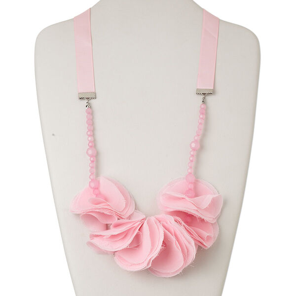 Necklace, ribbon / acrylic / nylon cloth / silver-finished steel, pink, 57x57mm flower, 48 inches with tie closure. Sold individually. image number 0