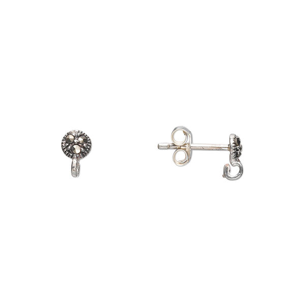 Marcasite / sterling silver 1pkg2, round earstud / open loop / earnut natural 4mm image number 0