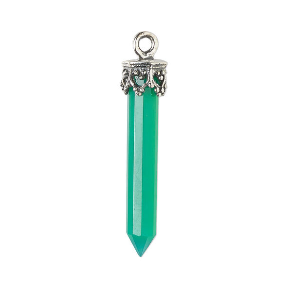 Drop, green onyx (dyed) and antiqued sterling silver, green, 20x4mm-26x6mm hand-cut 3D faceted point. Sold individually. image number 0