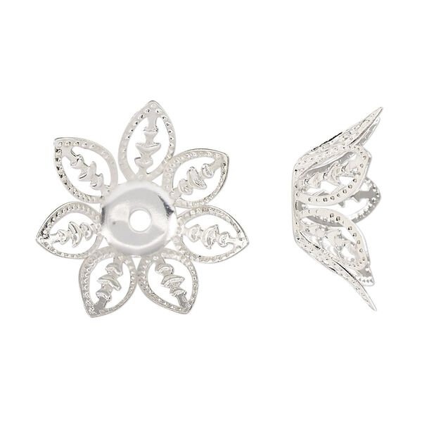 Bead cap, silver-finished steel, 20.5x8mm leaves, fits 14-16mm round bead. Sold per pkg of 20. image number 0
