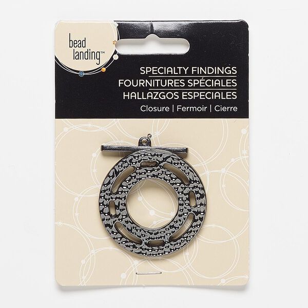 Clasp, toggle, gunmetal-finished "pewter" (zinc-based alloy), 39mm hammered round with cutout design and hidden loop. Sold individually. image number 0