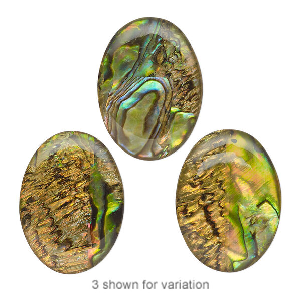 Cabochon, paua shell (coated / dyed), gold, 30x22mm calibrated oval, Mohs hardness 3-1/2. Sold individually. image number 0