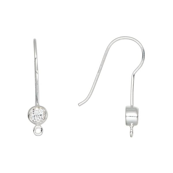 Ear wire fishhook 1pkg2 sterling silver / cubic zirconia, 25mm / closed loop, 20 gauge clear 1 pair image number 0