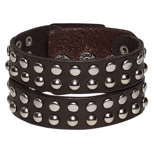 Bracelet, leather (dyed) and imitation rhodium-finished steel, dark brown, 37mm wide with round studs, adjustable from 5-7 inches with snap closure. Sold individually. image number 0