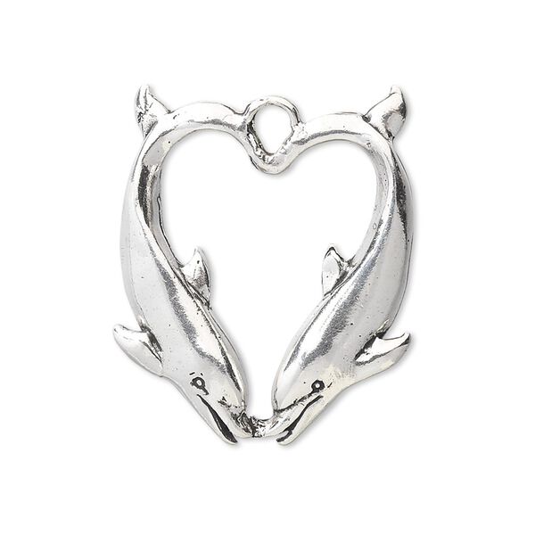 Charm, sterling silver, 25x22mm single-sided double-dolphins. Sold individually. image number 0
