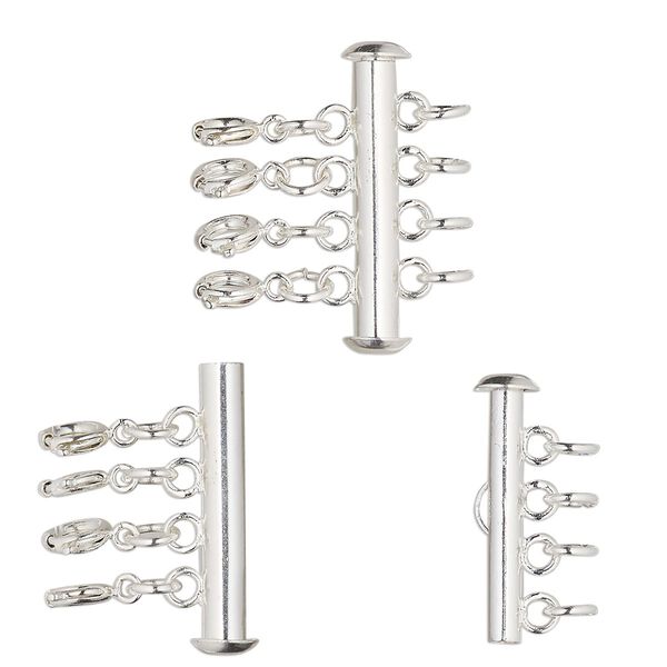 Clasp, 4-strand slide lock, silver-finished brass, 26.5x6mm round tube with 4 springring clasps and (4) 5mm open jump rings. Sold per pkg of 10. image number 0