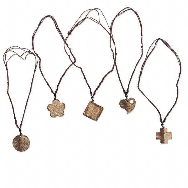 Necklace mix, Everyday Jewelry, coconut shell and waxed cotton, assorted shapes, 18 inches with adjustable slip knot closure. Sold per pkg of 5. image number 0