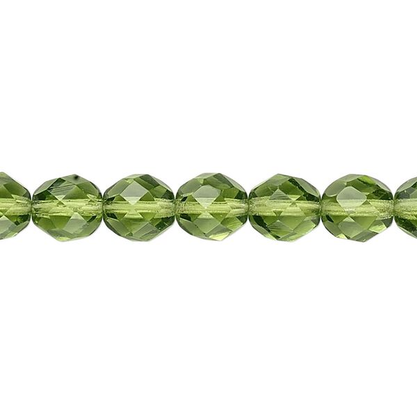 Bead, Czech fire-polished glass, transparent olivine, 8mm faceted round. Sold per 15-1/2" to 16" strand, approximately 50 beads. image number 0